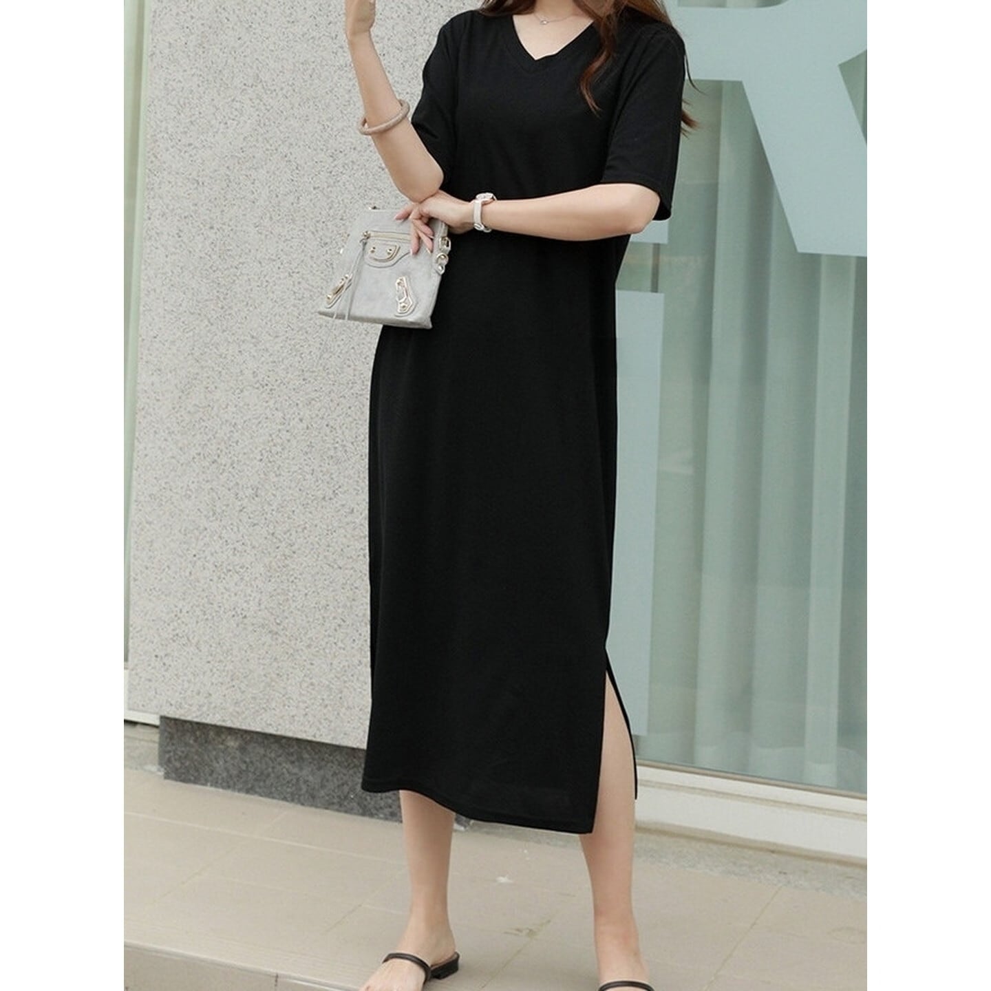 Vネック サイドスリットワンピース【S-3XL】 RA3450