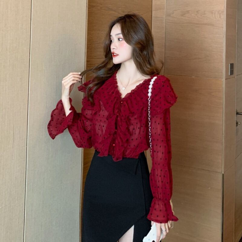 オータムスタイルVネックシフォンシャツ レディーススタンダード水玉 ロング レトロ 秋物 ハンチェンe75040645694