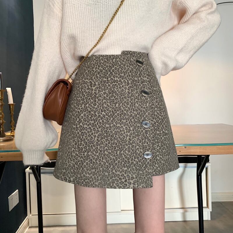 Aラインスカート スプリングオータムハイウェストウェスト薄手レオパードプリント柄ショート 春物 秋物 1号婦人68930871956