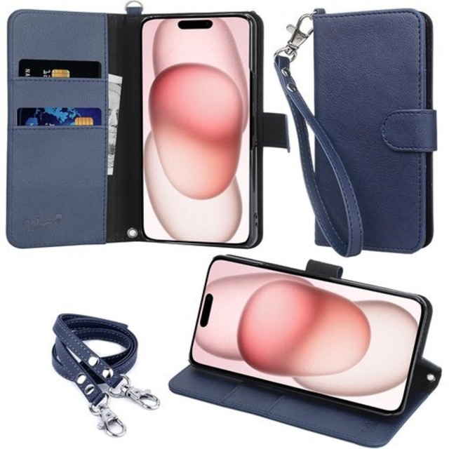 wisers iPhone 15 対応 手帳型 スマホケース ダークブルー 牛革PUレザー カードホルダー/スタンド機能付 ストラップ 2種付き ハンドストラップ/ネックストラップ 2489