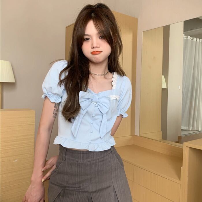 サマースタイルスタンダードリボンショートトップス シャツ レディース レトロ 大人ガーリー スウィート キュート カジュアル 夏物 ドラファッションホール62049747953