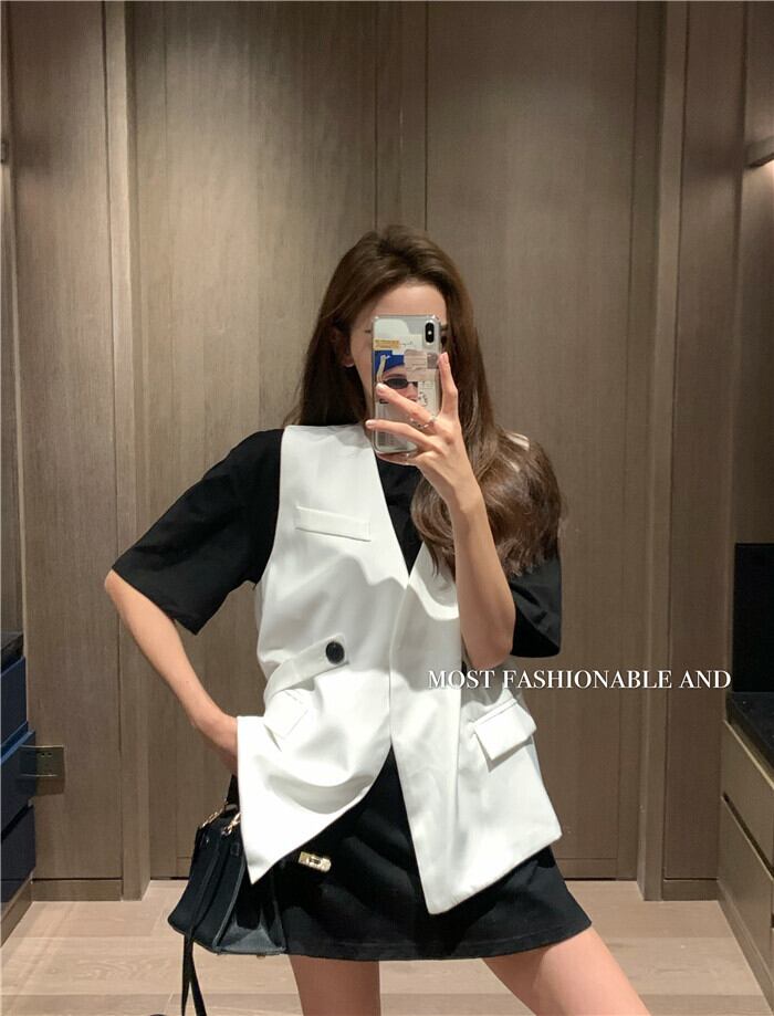 ルーズホワイトノースリーブジャケット スプリングオータム 春物 秋物 ブラックストロベリース21909778664