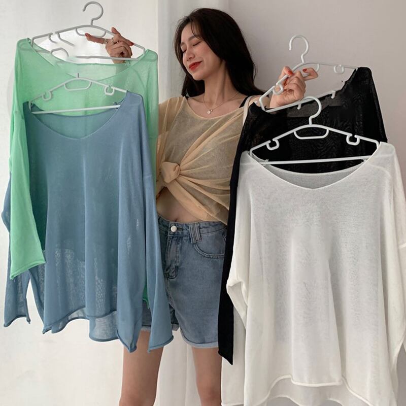 スプリングサマーニット薄手トップス ロング ブラウス 春物 夏物 Tシャツ YY-ファッション98543860972