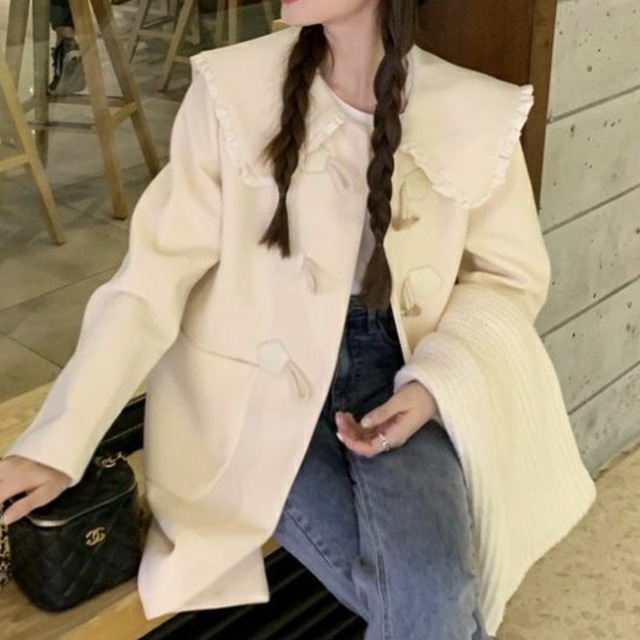 ruffle collar duffle coat（black / white）　A0111