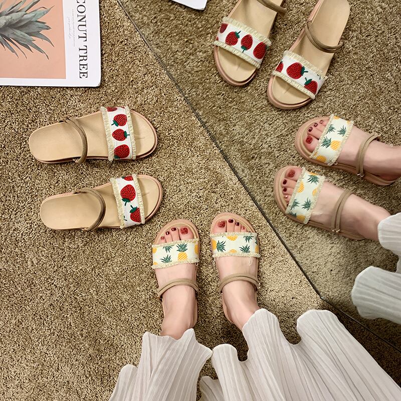 純赤いサンダルとスリッパの女性は2020年の新しい春のファッション厚い底のパイナップルの学生オープントゥのラインスリッパを着用します 部族の婦人靴4781914