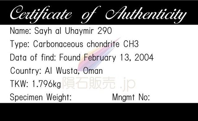 Sayh al Uhaymir 290 隕石 0.05g 炭素質コンドライト CH3 石質隕石 標本 SaU290 M2601