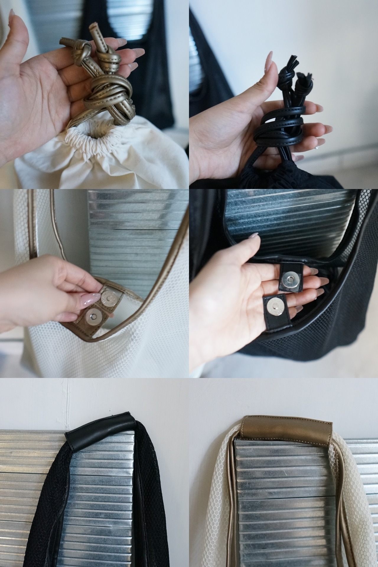[Rose] mesh×leather triangle 3way  tote 巾着バッグ・メッシュショルダーバッグセット/White