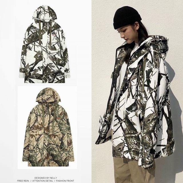 【LAY LOW】 メンズ/レデース/ユニセック 裏起毛 迷彩プリントジャケット / Winter hooded cotton loose camouflage print lamb cashmere warm coat jacket (DCT-584659907376)