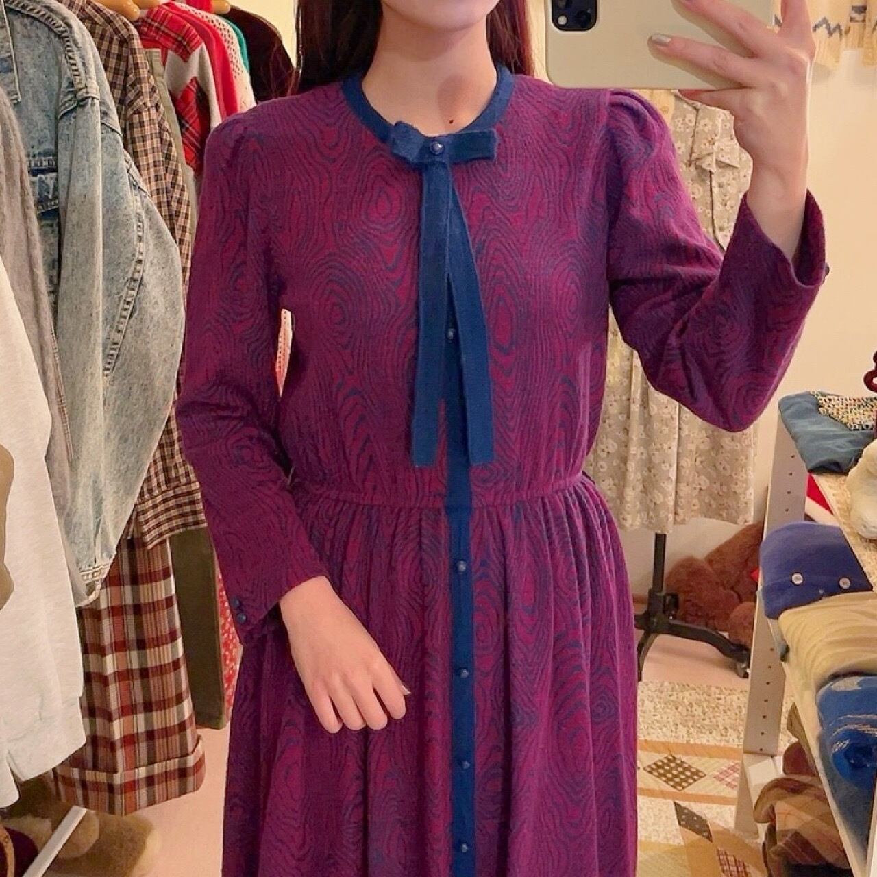 blue ribbon jacquard knit one-piece