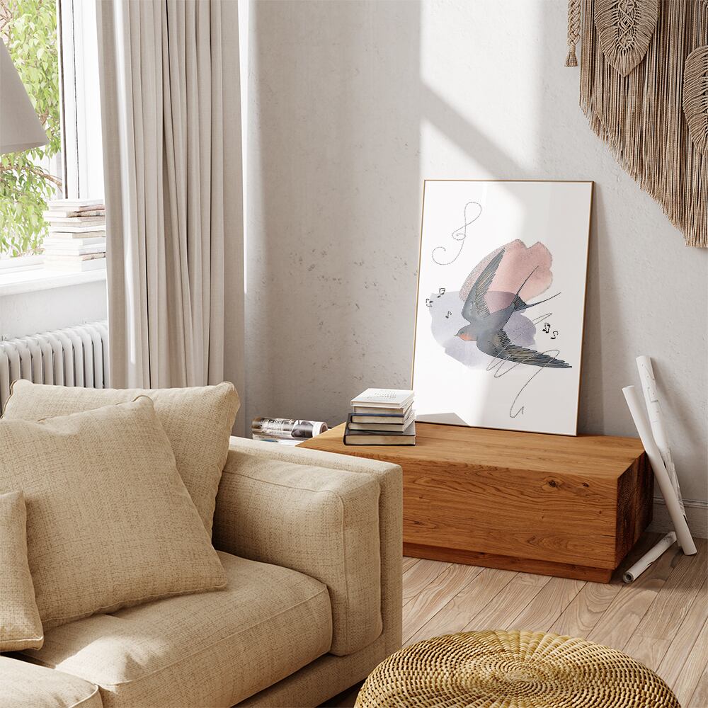 ツバメのポスター / i1342 / 花や音符の水彩画の背景につばめが飛ぶ