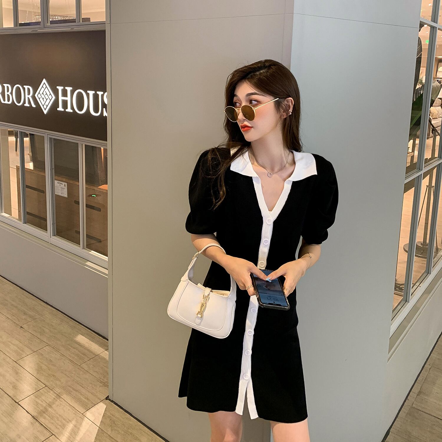 Vネックスタイルドレス サマースタンダードブラック薄手Aラインスカート レトロ 夏物 6Du_Shop_Women45253469852