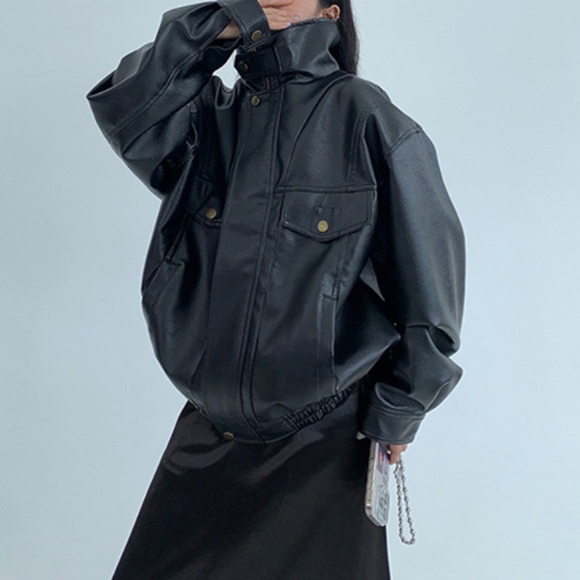 simple faux leather stand collar jacket　シンプルフェイクレザースタンドカラージャケット　J1266