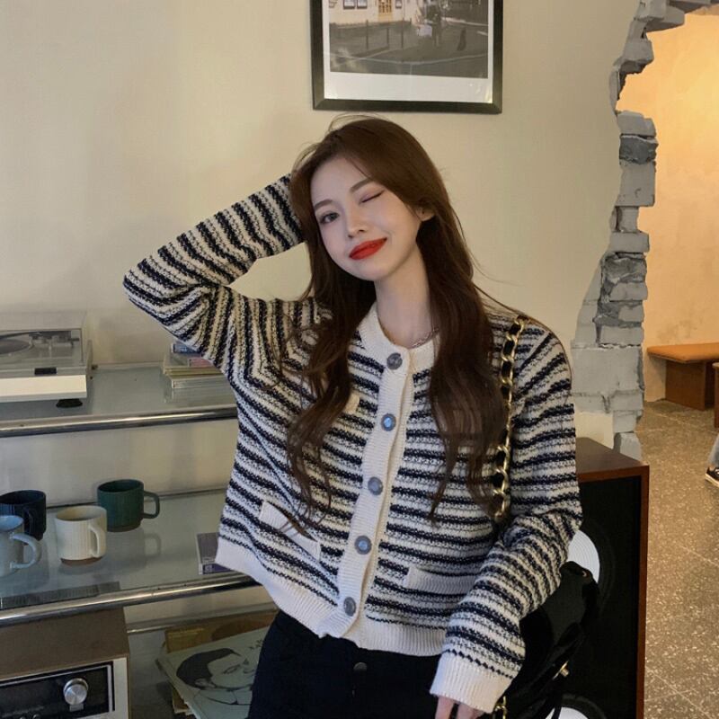 ニットショートカーディガンストライプスタンダードルーズセーター ジャケット スプリング ロング レトロ 春物 ブラックストロベリース34651734872