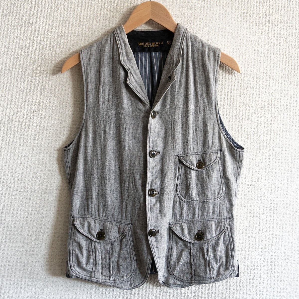 美品】THE FLAT HEAD【 ×Harris Tweed レザー ウール 切替 ベスト】40
