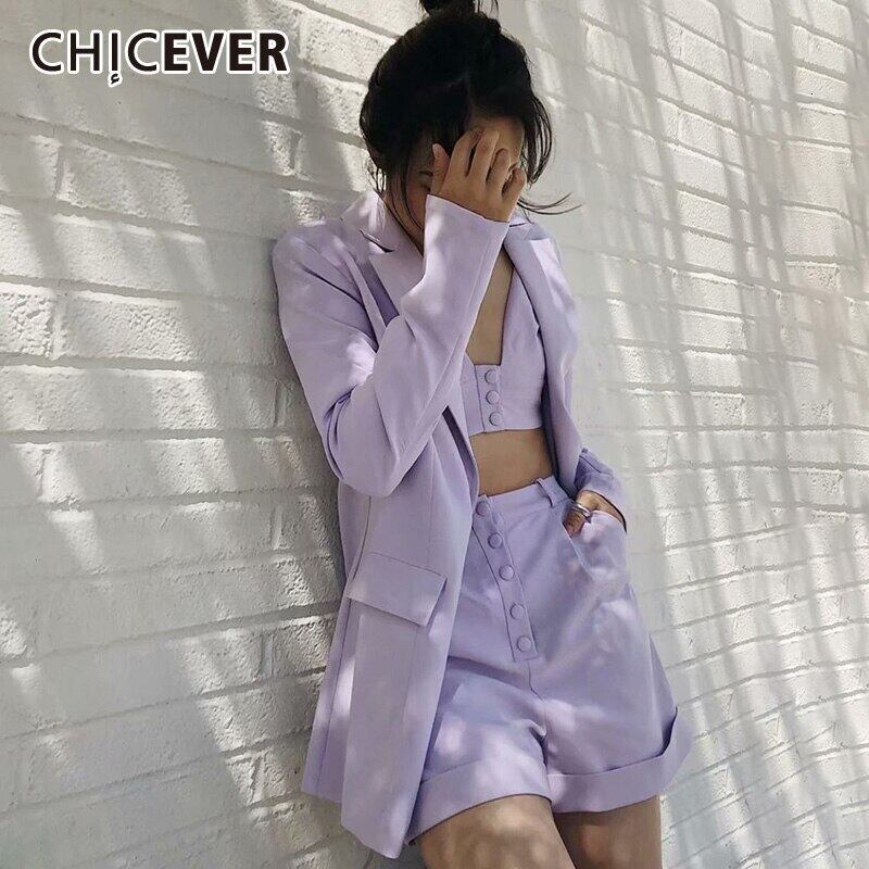 CHICEVERスリーピースセットVネック長袖ブレザーベストトップスウエストショーツスーツ婦人服2020 ロング ブルマー 6base52901004181