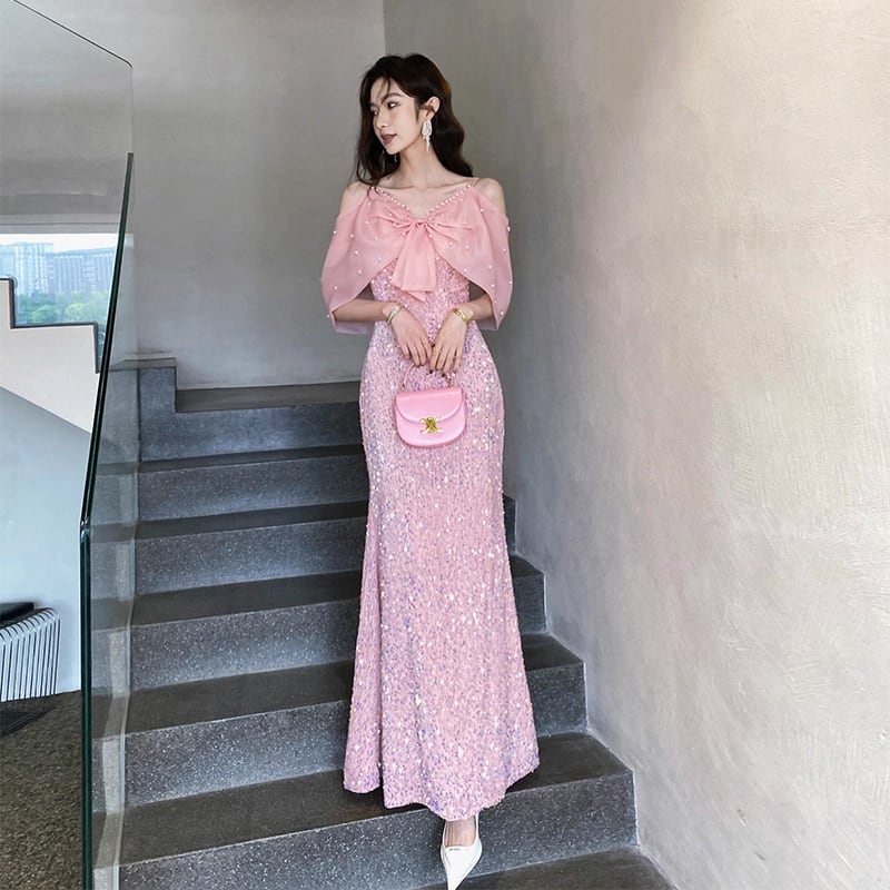 ピンク ビッグリボン マーメイド ロングドレス