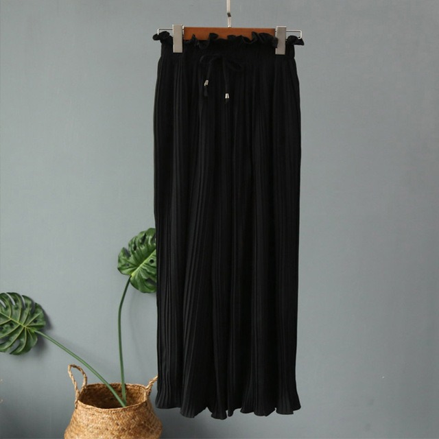 ハイウエストシフォンワイドレッグレディースパンツ 花びら裾フリルレースアップ Black