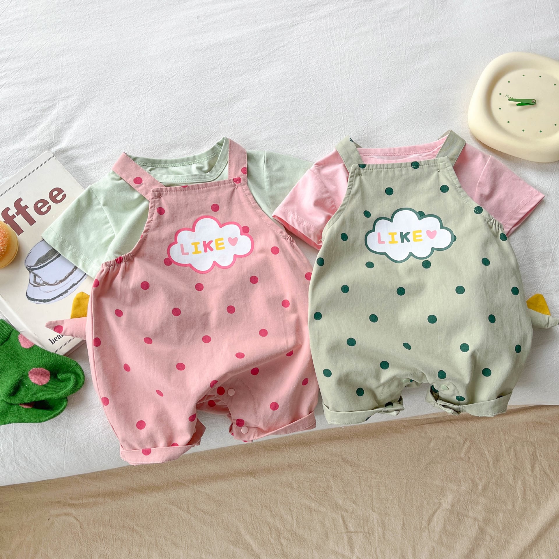 【BABY】韓国風 マカロンドットサロペット tシャツ