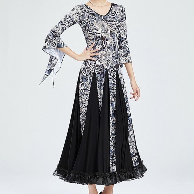 フラワープリント ロングスリーブ ミモレフレア ダンスドレス  ds1475