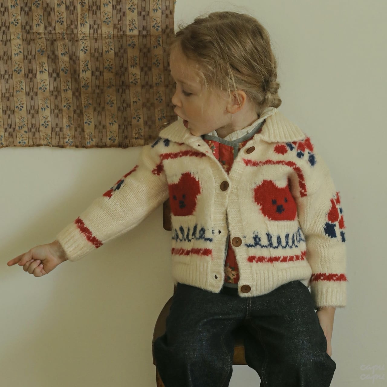 «sold out»ベージュ S(90-100 サイズ)«Mardi Amber» ベアニットカーディガン 2colors