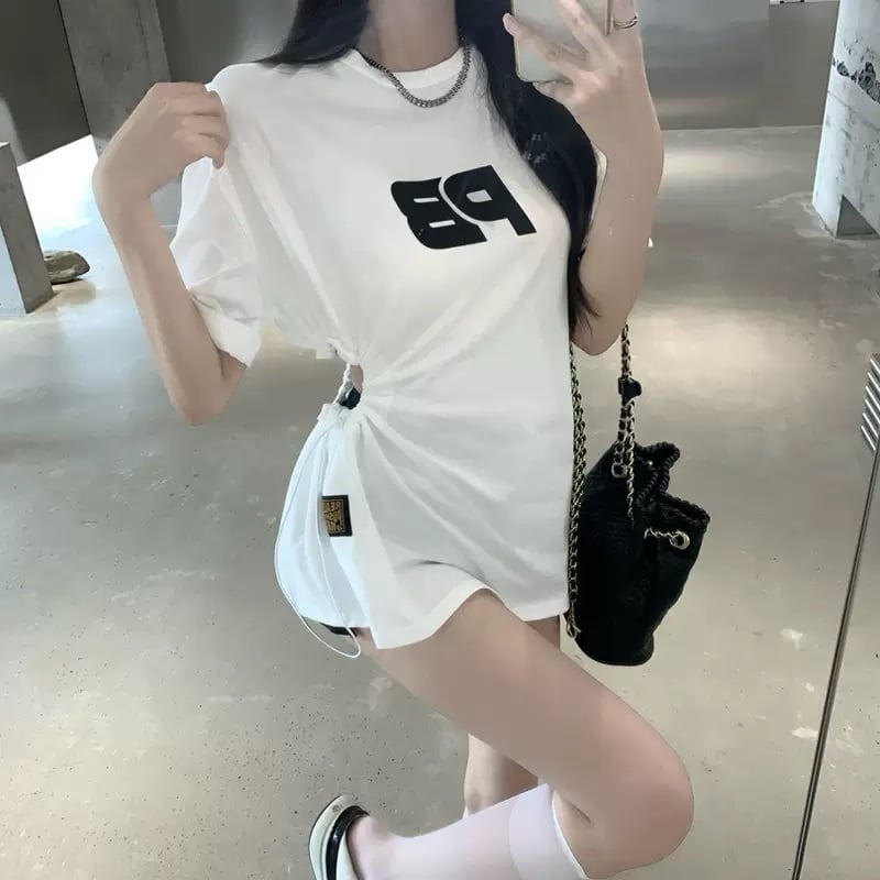 夏のネオスポコーデに プリント Big Tシャツ オーバーサイズ ダボかわ スポーティー メンズライク 韓国っぽ ストリート ドロスト ドローコード スタイルアップ Lamitte Deco トレンド 韓国ファッション ショップ Base店