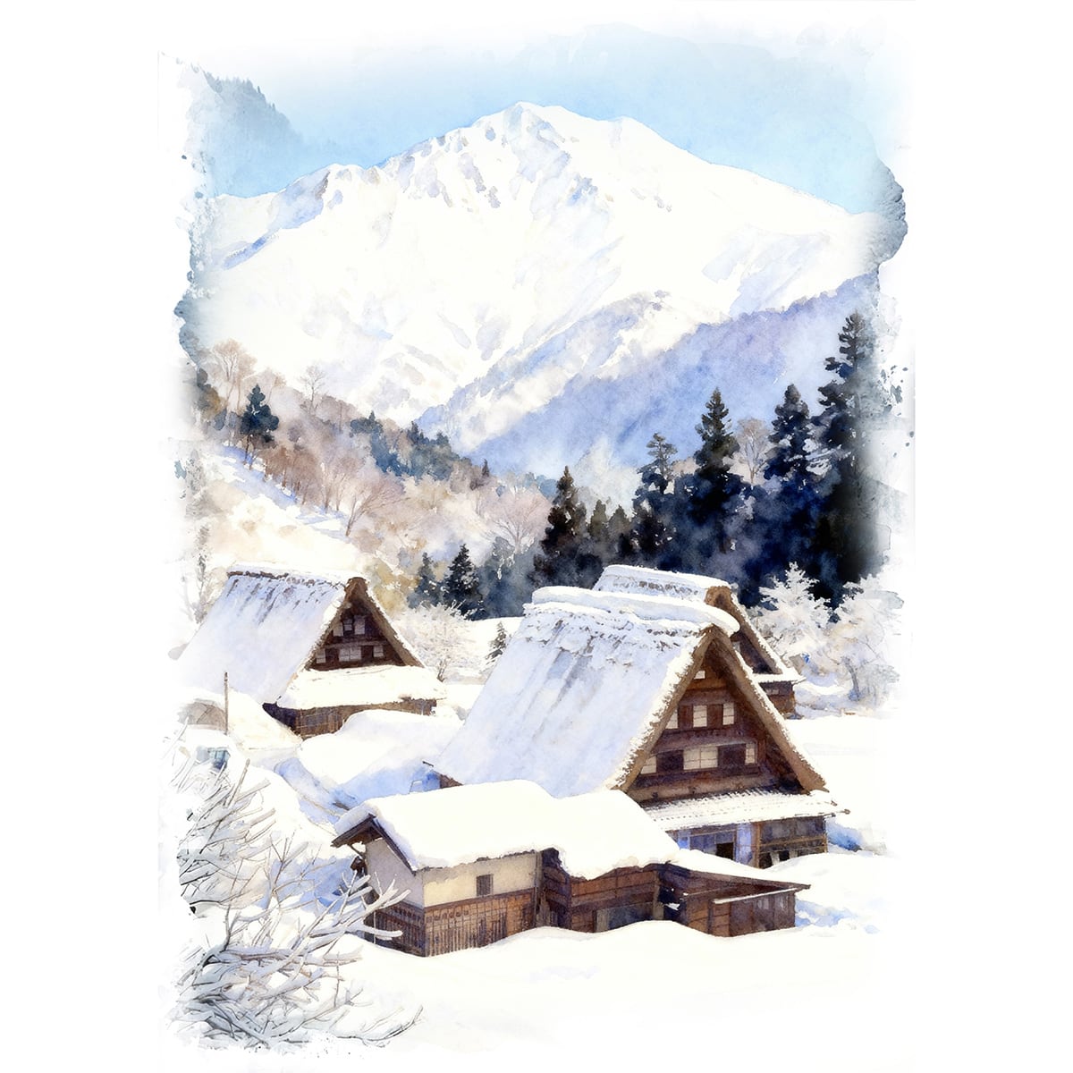 絵画 風景画 日本の 冬 富山県 雪の五箇山 インテリアアート額付き 水彩画風 WAT1731