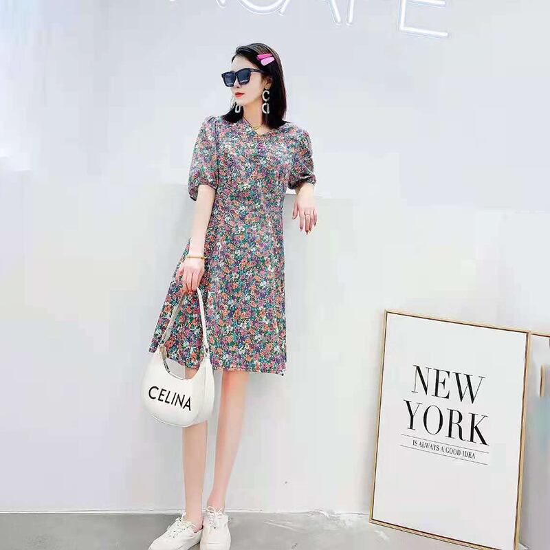 サマーFlowerデザイン スカート ルーズ薄手半袖スリーブドレス ハーフスリーブ 大きめサイズ 夏物 フラワーデザイン ミックスインファッション53002219607