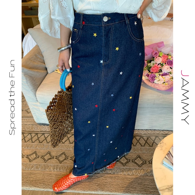star embroidered denim long skirt J00174