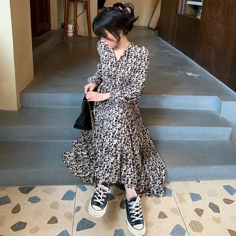 オータムスタイルスタンダードAラインスカート Vネックシフォンフローラルドレス レトロ 秋物 花柄 YY-ファッション23539580239