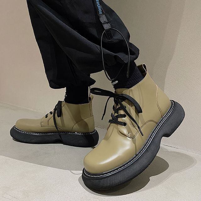 【予約販売】革靴 レザーシューズ メンズ ローファー 編み上げ ブーツ シューズ 靴 厚底 ブラック カーキ お洒落 カジュアル シック 24cm/24.5cm/25cm/25.5cm/26cm/26.5cm