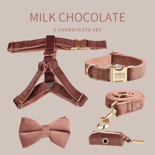 NEW5点セット【ベルベット・ミルクチョコレート】迷子札付犬のハーネスと首輪、リード、リボン・ポーチセット