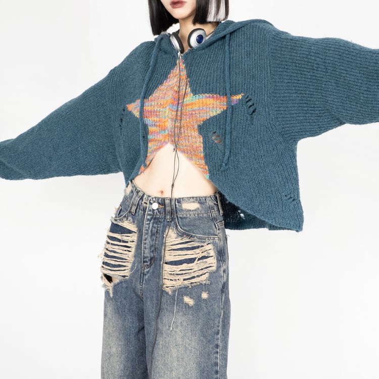 スターインターシャダメージニットL00393