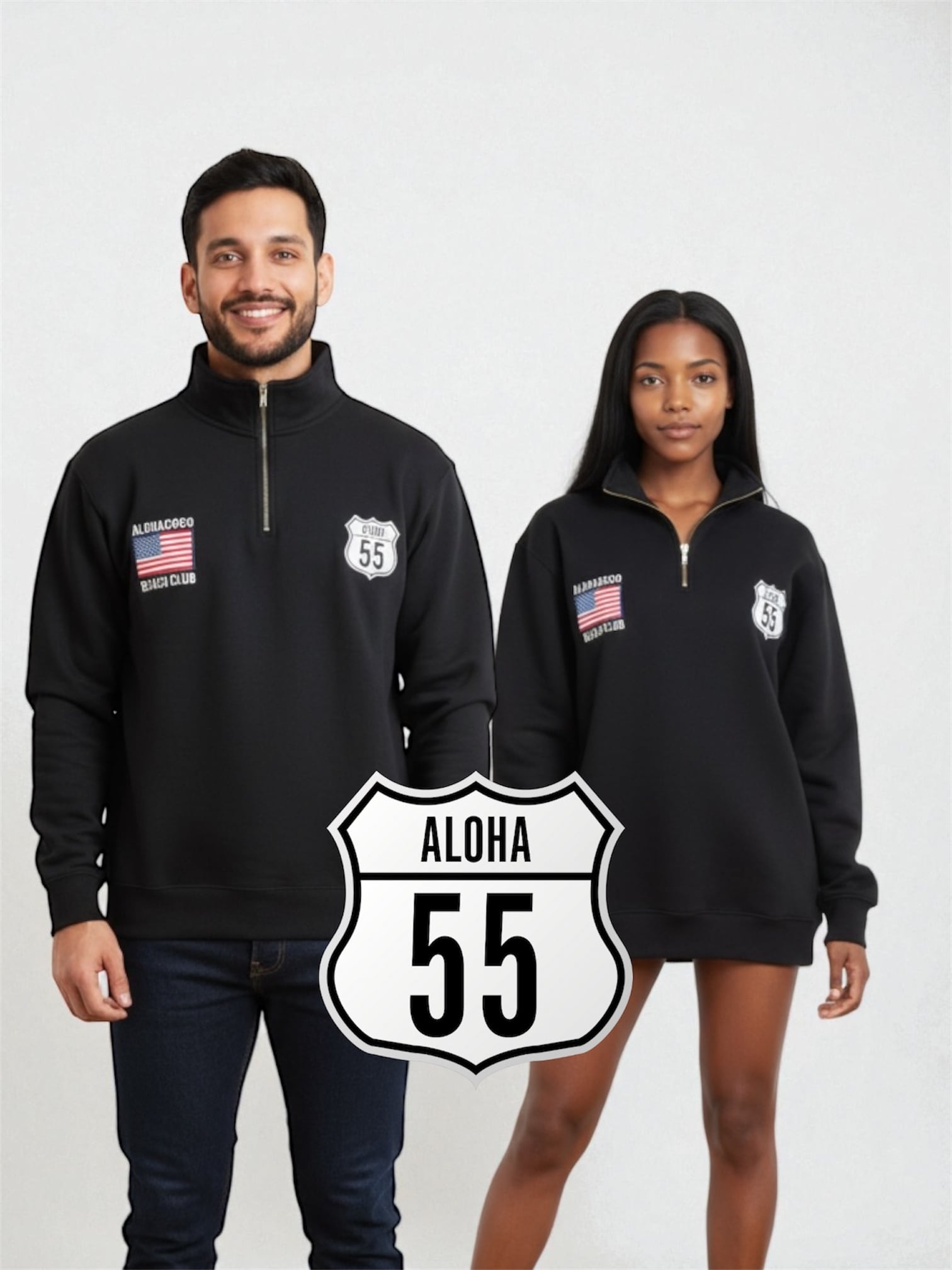 ALOHA55裏起毛ハーフジップスウェット(ブラック)