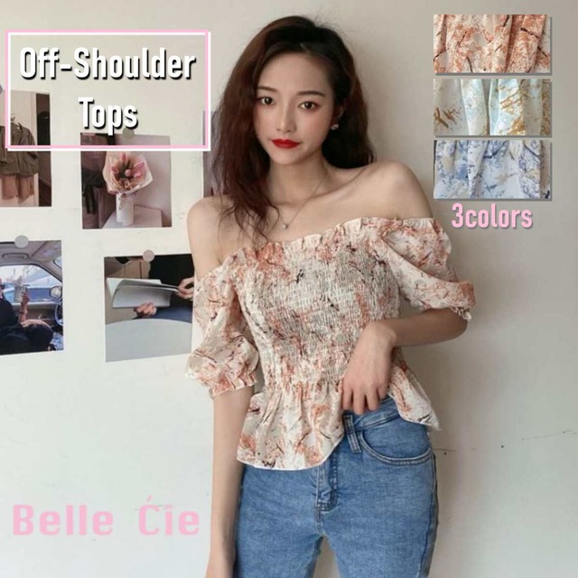 水彩柄 オフショルトップス レディース 韓国ファッション オフショルダー シャーリング トップス ガ