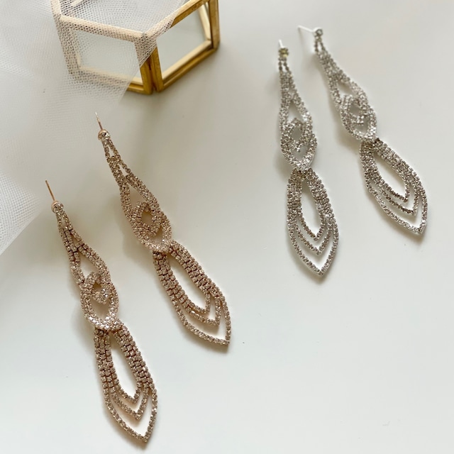 E-174 ウェディング アクセサリー【ビジュークリスタル ロング ドロップ ピアス シルバー or ゴールドより選択】ブライダル