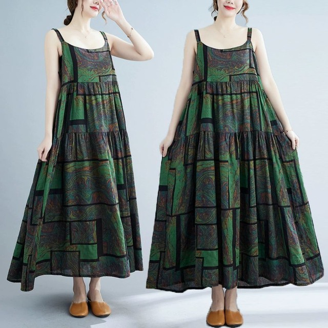 PRINT STRAP A-LINE LONG JUMPER DRESS 3colors M-9233