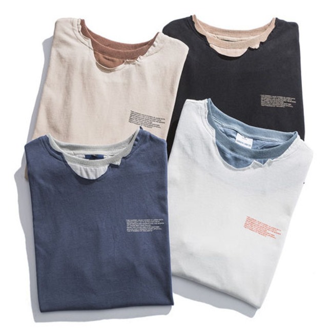 メンズ カジュアル オリジナル レトロ カラー マッチング 非対称 半袖 Tシャツ フェイク