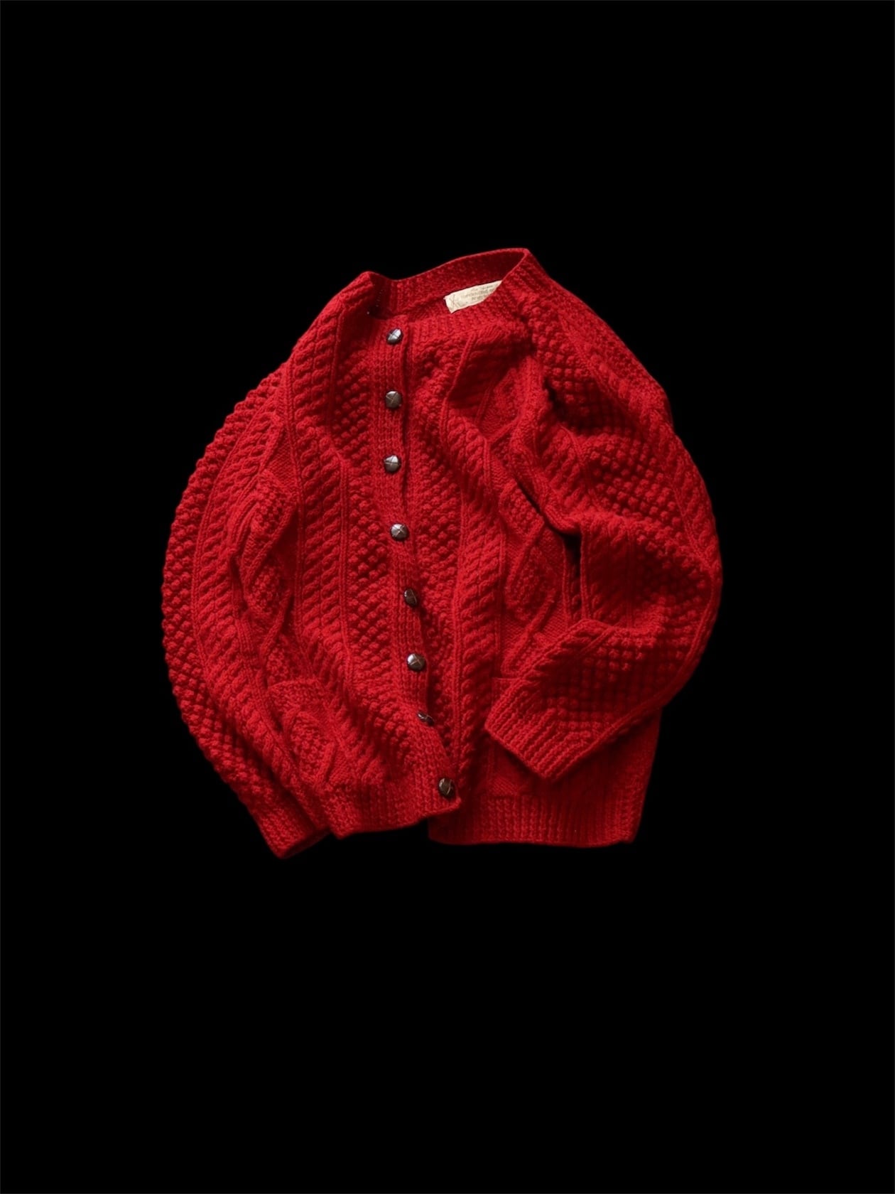 ●80s Hand knitting on the Aran islands red color fisherman knitted cardigan