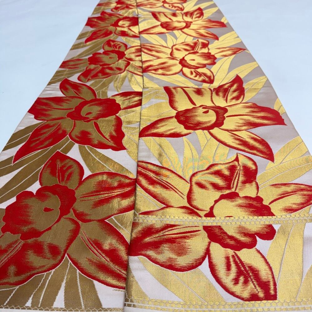 中古 引き振袖用帯 正絹 草花 全通柄 ホワイト Bランク 415cm 6241