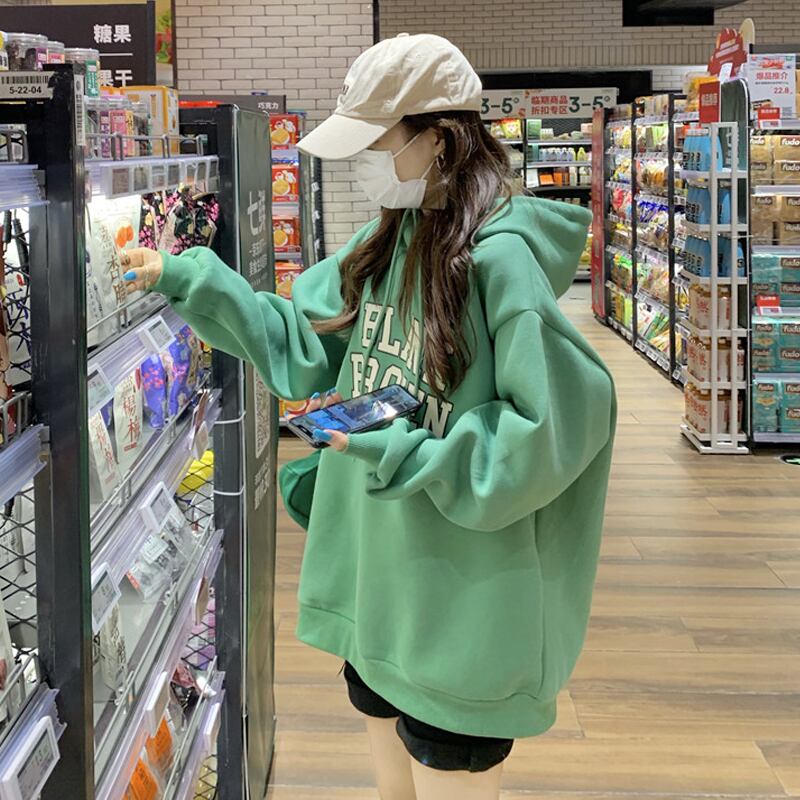 グリーンフードスウェット オータムウィンターベルベットルーズスタイル 秋物 冬物 スーパーモール96963955333