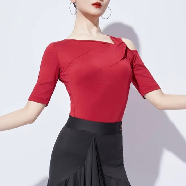 アシンメトリー オープンショルダー ストレッチ トップス 2col D00598