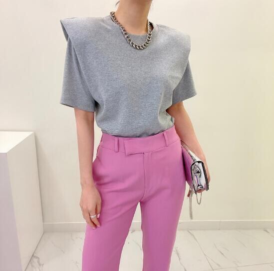 韓国風 chic トップス Tシャツ 半袖 夏ファッション ショルダーパッド クルーネック レイヤード