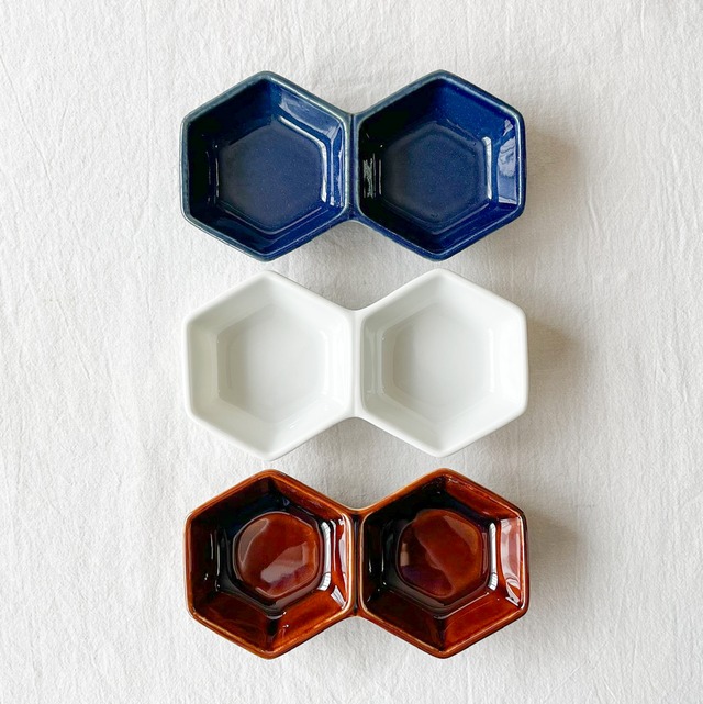 六角二連皿【ネイビー／ホワイト／キャラメル】