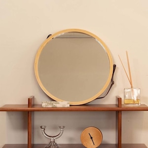 natural leather wood circle mirror / ナチュラル レザー ウッド サークル ミラー ラウンド 壁掛け 鏡 韓国 北欧 インテリア 雑貨