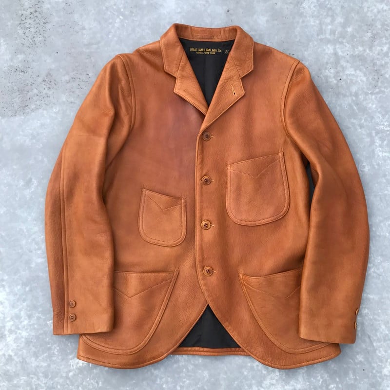 FREEWHEELERS フリーホイーラーズ Great Lakes Gmt.Mfg.Co. LATE 1800's TAILORED SACK COAT DARIUS ディアスキン 鹿革 レザージャケット イエローオーカー 美品 36