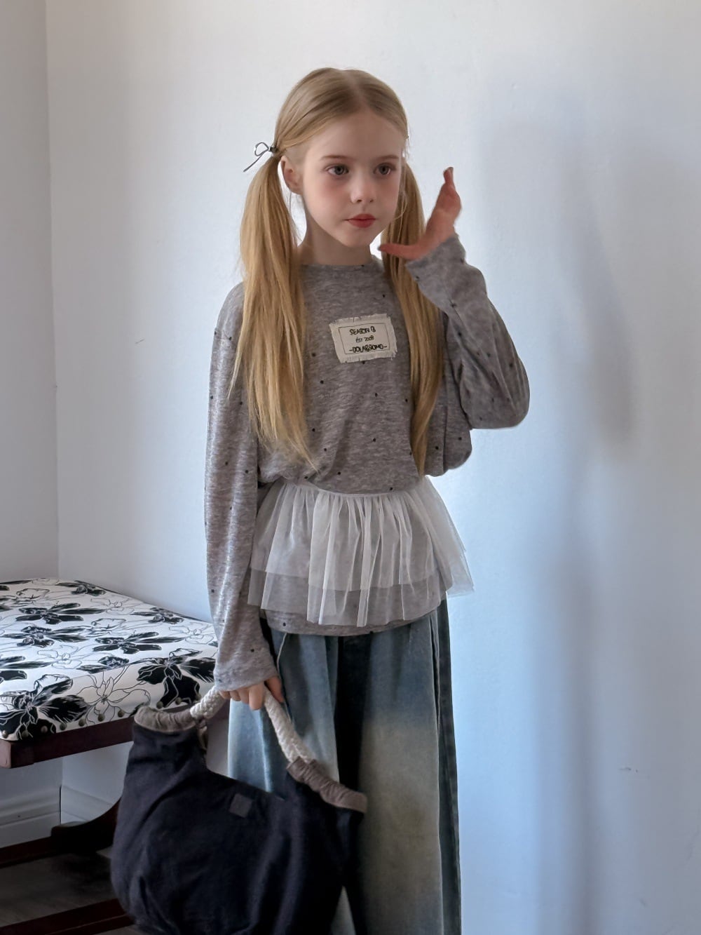 2colorフリンジタグドット薄手トップス