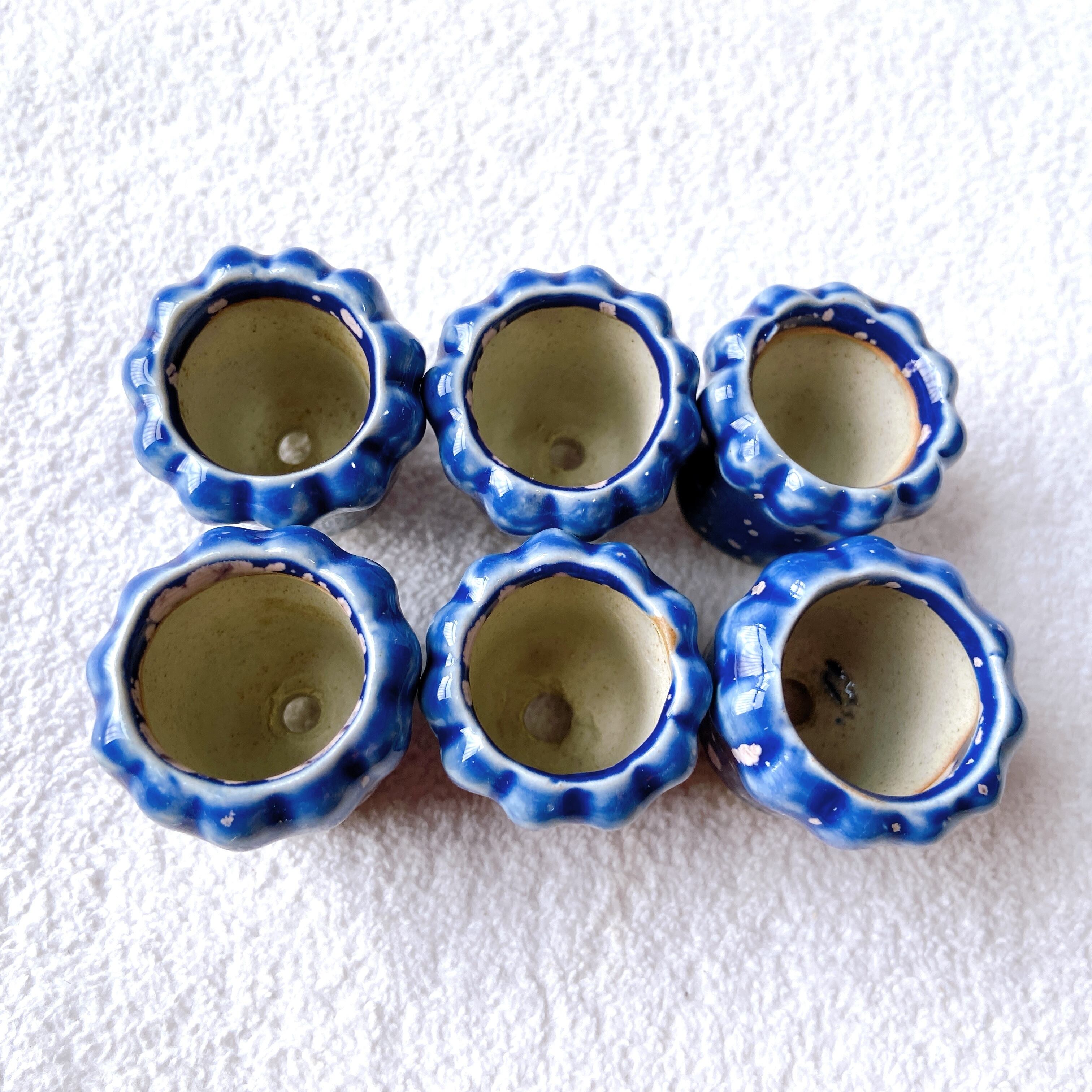 青色とピンクの斑点が美しい陶器製植木鉢 4点セット】 まるで水面の