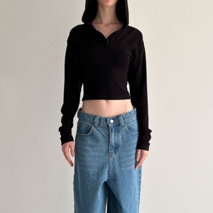 フード付きブラックスリムロング T シャツ　LT0040053