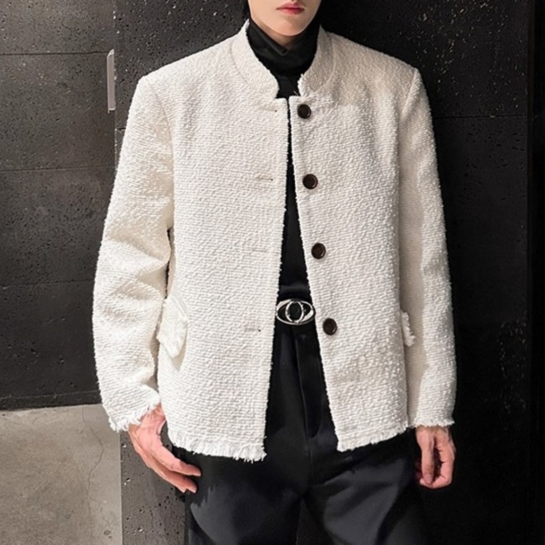 ミニマルフリンジ ツイード風スタンドカラージャケット D12060