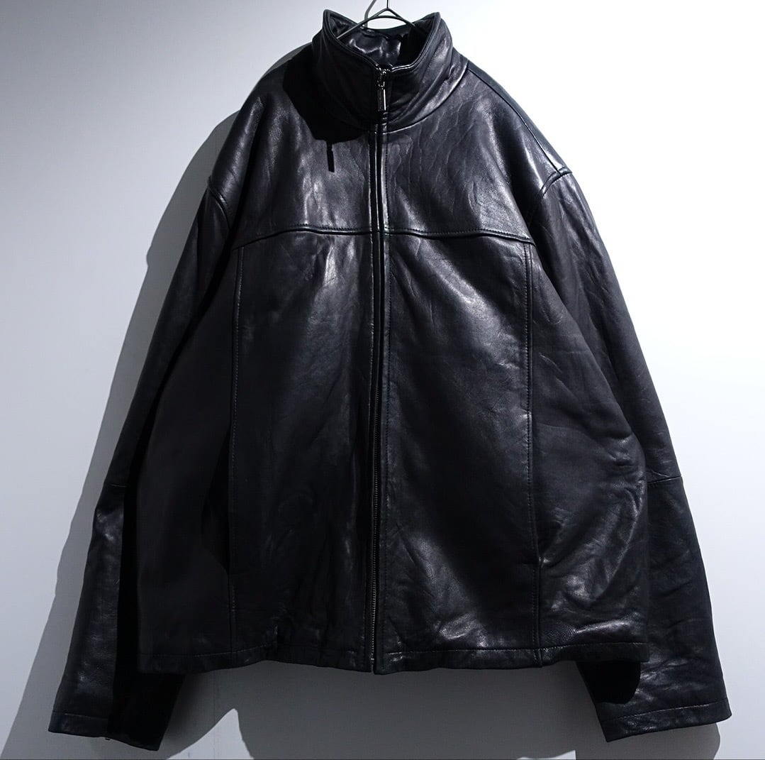 90s "Boston Harbor" Black High Neck Zip Leather Jacket